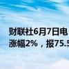 财联社6月7日电，WTI 7月原油期货结算价收涨1.48美元，涨幅2%，报75.55美元/桶。