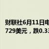 财联社6月11日电，欧元兑美元触及新的一个月低点，报1.0729美元，跌0.33%。