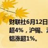 财联社6月12日电，国内期市夜盘开盘，丁二烯主力合约涨超4%，沪锡、沪银主力合约涨超2%，20号胶、橡胶、氧化铝涨超1%。