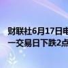 财联社6月17日电，在岸人民币兑美元收盘报7.2559，较上一交易日下跌2点。