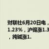 财联社6月20日电，国内期货夜盘开盘涨跌不一，沪银涨近1%，沪铅跌1.23%，沪锡涨1.33%，铁矿跌0.55%，玻璃涨0.57%，原油涨0.52%，纯碱涨1.