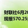 财联社6月20日电，CBOT小麦日内跌超2%，现报570.25美分/蒲式耳。