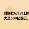 财联社6月21日电，韩国当局与国家养老金外汇互换规模扩大至500亿美元。