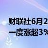 财联社6月21日电，英伟达现跌超3%，此前一度涨超3%。