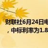 财联社6月24日电，央行今日进行500亿元7天期逆回购操作，中标利率为1.80%，与此前持平。