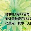 财联社6月27日电，国家外汇局数据显示，2024年3月末，我国银行业对外金融资产15079亿美元，对外负债14165亿美元，对外净资产914亿美元，其中，人民币