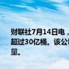 财联社7月14日电，科威特石油公司宣布发现新的“巨型”油田，储量超过30亿桶。该公司表示，新发现的油田储量相当于该国三年的整体产量。