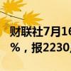 财联社7月16日电，罗素2000指数期货涨超1%，报2230点。