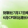 财联社7月17日电，英国6月CPI同比增长2%，预期1.90%；6月CPI环比增长0.1%，预期0.10%。
