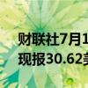 财联社7月17日电，现货白银日内走低2%，现报30.62美元/盎司。