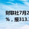 财联社7月22日电，CBOT豆粕涨幅扩大至2%，报313.7美元/短吨。
