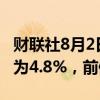 财联社8月2日电，澳大利亚第二季度PPI年率为4.8%，前值4.30%。