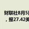 财联社8月5日电，现货白银持续走低跌近4%，报27.42美元/盎司。