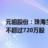 元祖股份：珠海兰馨成长及其一致行动人计划减持公司股份不超过720万股