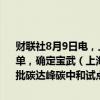 财联社8月9日电，上海市发展改革委印发首批碳达峰碳中和试点示范名单，确定宝武（上海）碳中和产业园、黄浦区等20个对象纳入上海市首批碳达峰碳中和试点示范名单。