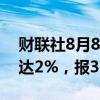 财联社8月8日电，氧化铝期货主力合约涨幅达2%，报3770元/吨。