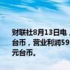 财联社8月13日电，和硕联合科技股份有限公司上半年净利润88.4亿元台币，营业利润59.6亿元台币，营收5,041.1亿元台币，每股收益3.32元台币。