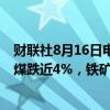 财联社8月16日电，黑色系期货主力合约跌幅持续扩大，焦煤跌近4%，铁矿石、热卷跌超2%，螺纹钢、焦炭跌近2%。