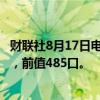 财联社8月17日电，美国至8月16日当周石油钻井总数483口，前值485口。