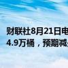 财联社8月21日电，美国至8月16日当周EIA原油库存减少464.9万桶，预期减少267.2万桶。
