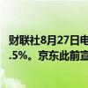 财联社8月27日电，京东在美股盘前直线拉升，涨幅扩大至4.5%。京东此前宣布不超过50亿美元的新股票回购计划。
