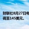财联社8月27日电，Truist证券将英伟达目标价从140美元上调至145美元。