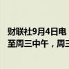 财联社9月4日电，香港天文台将风暴一号戒备信号至少维持至周三中午，周三稍后考虑发出三号强风信号。