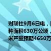 财联社9月6日电，阿根廷布宜诺斯艾利斯谷物交易所称，阿根廷小麦播种面积630万公顷，与上年度持平；阿根廷玉米收割完成度100%，玉米产量预期4650万吨，与之前