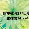 财联社9月13日电，中国1-8月新增人民币贷款14.43万亿元，预估为14.5741万亿元，前值为13.5232万亿元。