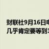 财联社9月16日电，欧洲央行管委卡兹米尔表示，欧洲央行几乎肯定要等到12月才会再次降息