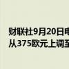 财联社9月20日电，投行杰富瑞(Jefferies)将法拉利目标价从375欧元上调至400欧元。