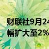 财联社9月24日电，富时中国A50指数期货涨幅扩大至2%。