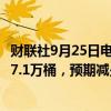 财联社9月25日电，美国至9月20日当周EIA原油库存减少447.1万桶，预期减少135.4万桶，前值减少163万桶。