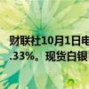 财联社10月1日电，现货黄金突破2670美元/盎司，日内涨1.33%。现货白银日内涨超2.00%，现报31.77美元/盎司。
