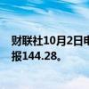 财联社10月2日电，美元兑日元日内涨幅扩大至0.50%，现报144.28。