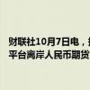 财联社10月7日电，据美国芝加哥商业交易所（CME）集团的数据，该平台离岸人民币期货9月日均成交量飙升至4567手合约，创历史新高。