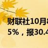 财联社10月8日电，COMEX白银期货跌幅达5%，报30.4美元/盎司。